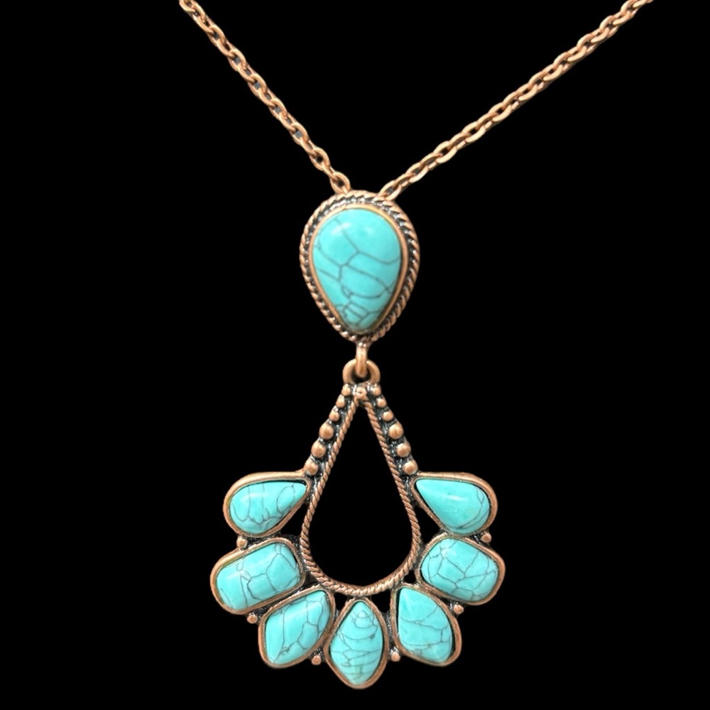 Boho Western Chic Turquoise & Bronze Teardrop Pendant Necklace. NWT - Picture 1 of 5